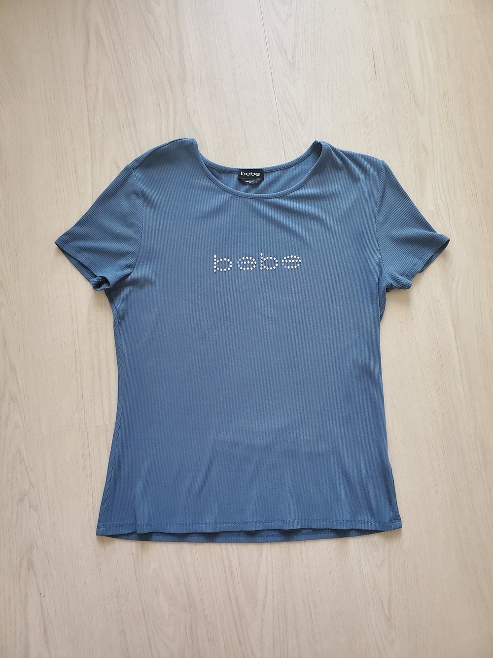 Bebe Slate Blue Short Sleeve Tee with Rhinestone Logo